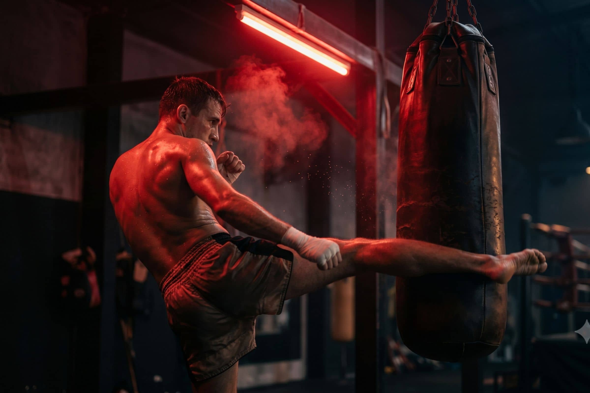 Cardio boxe thaï – entraînement au sac Combattant de boxe thaï qui travaille son cardio en frappant un sac dans une salle sombre